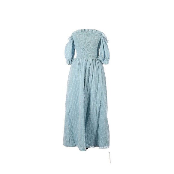 NWT Reformation Arianna in Celadon Stripe Off Shoulder Smocked Midi Dress M
